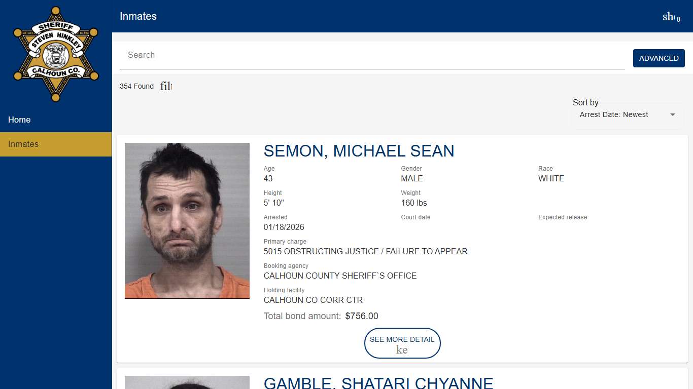 Calhoun County Sheriff's Department | Police to Citizen - Inmates catalog